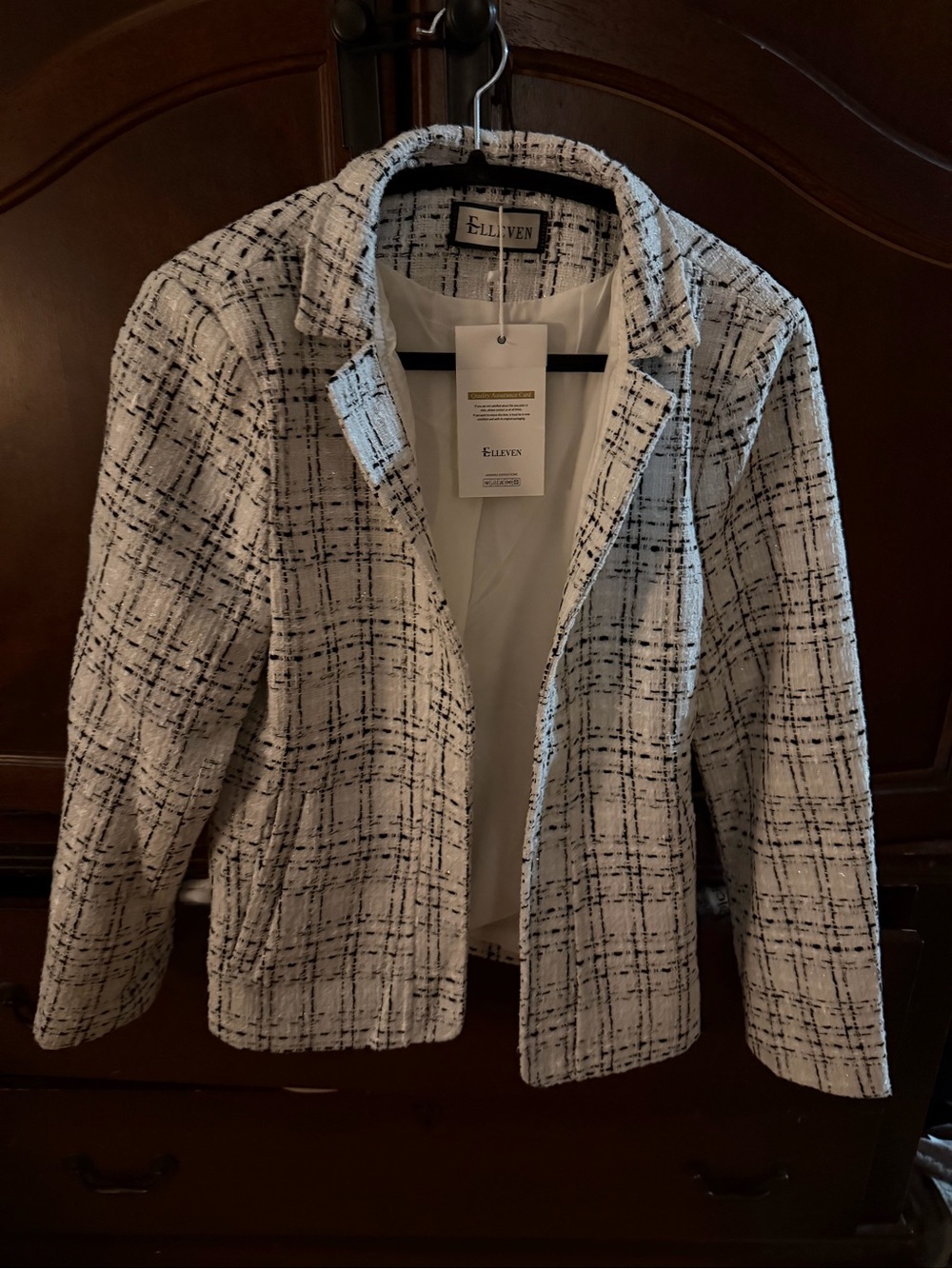 White & Black Tweed Open-Front Blazer Jacket